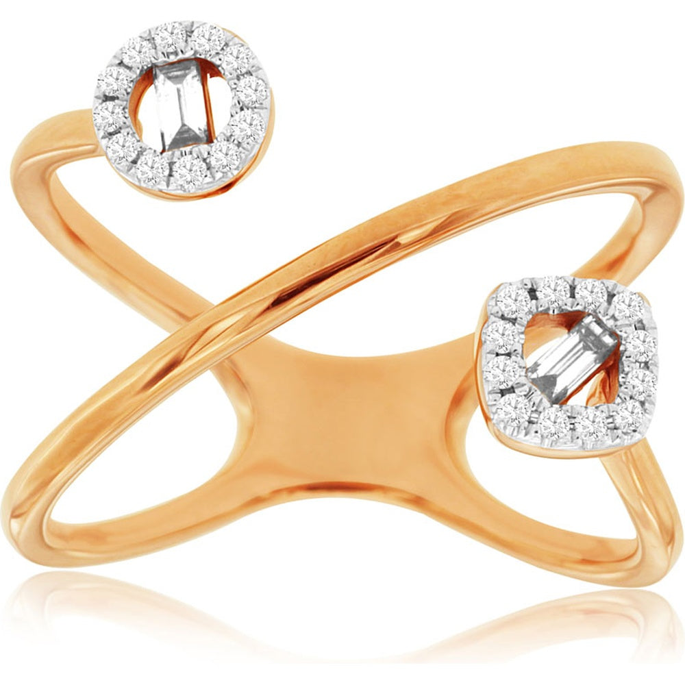 14K Rose Gold Free-Form Open Ring with Baguette and Round Diamond Halos - 0.20 Carat Total Diamond Weight - Royal Jewelry