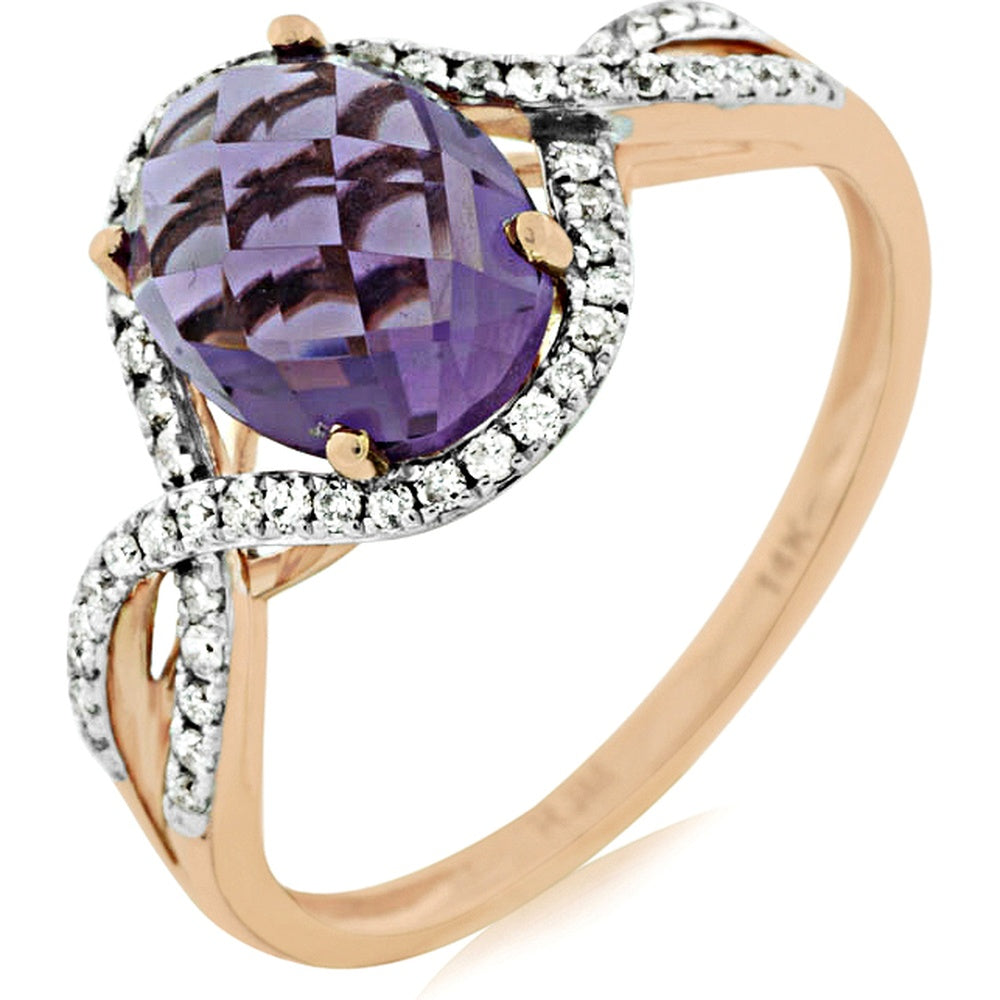 14K Rose Gold Free Form Ring with Checkerboard Cut Oval Amethyst and Round Diamond Accents - 2.00 Carat Amethyst and 0.22 Carat Total Diamond Weight - Royal Jewelry