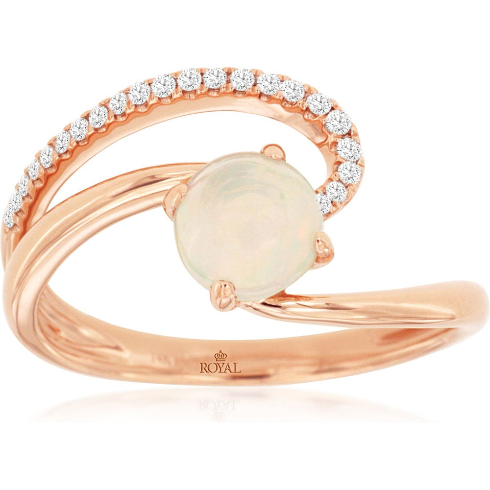 14K Rose Gold Free Form Ring with Round Opal and Pavé-Set Diamond Crescent - 0.50 Carat Opal and 0.10 Carat Total Diamond Weight - Royal Jewelry