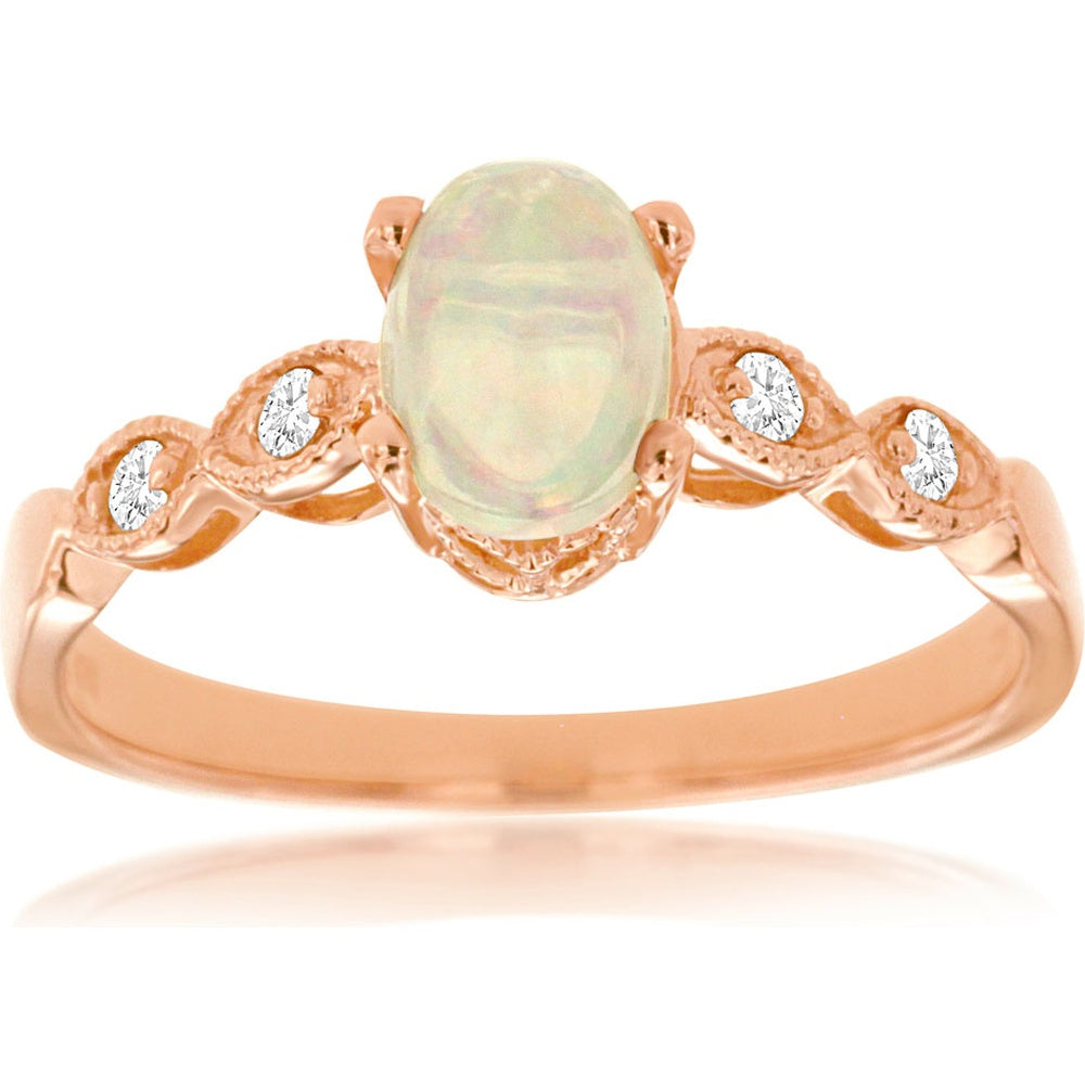 14K Rose Gold Free Form Vintage-Style Ring with Oval Cabochon Opal and Milgrain Set Round Diamonds - 0.50 Carat Opal and 0.08 Carat Total Diamond Weight - Royal Jewelry