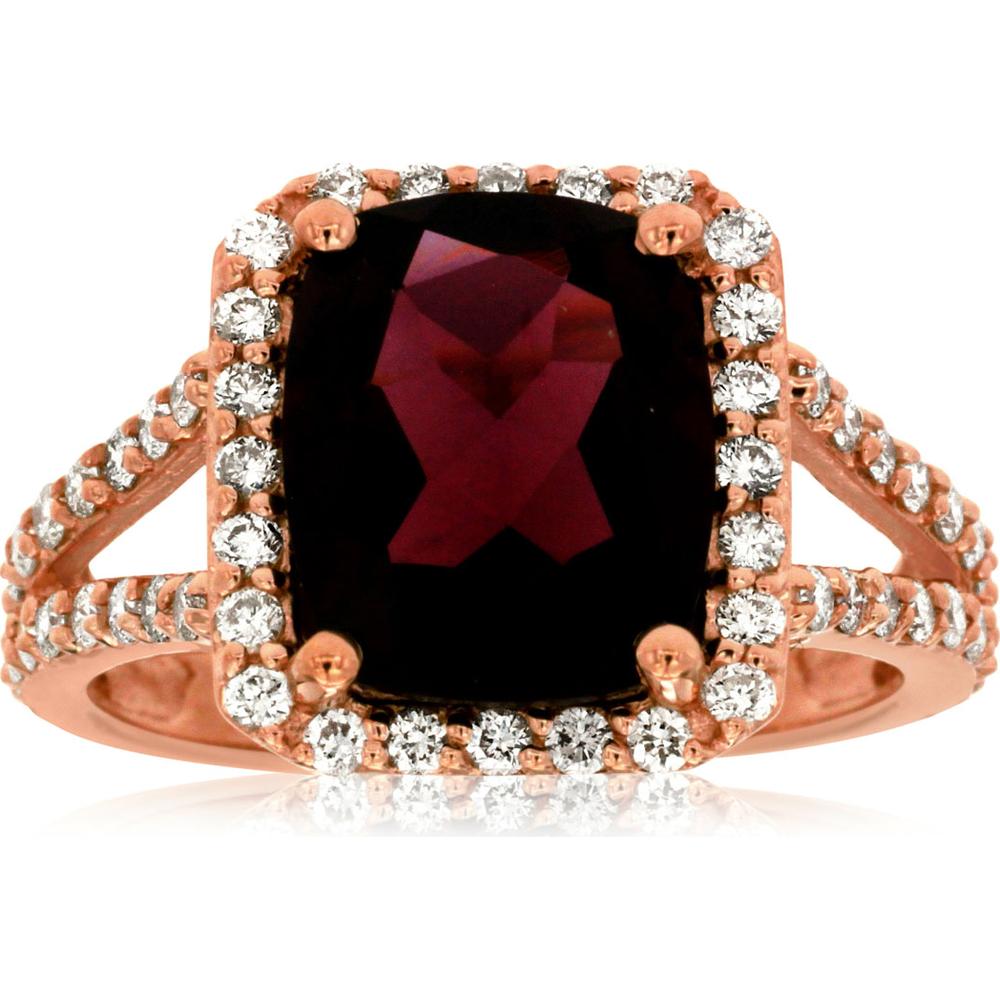 14K Rose Gold Garnet & Diamond Cushion Cut Halo Ring - 4.70 Carats Garnet, 1.00 Carats Total Diamond Weight