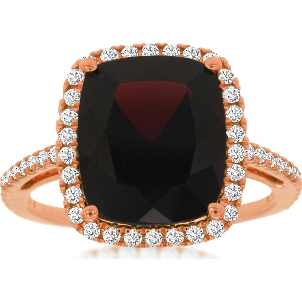 14K Rose Gold Garnet and Diamond Halo Ring with 5.50 Carats Cushion Cut Garnet and 0.38 Carats Total Diamond Weight