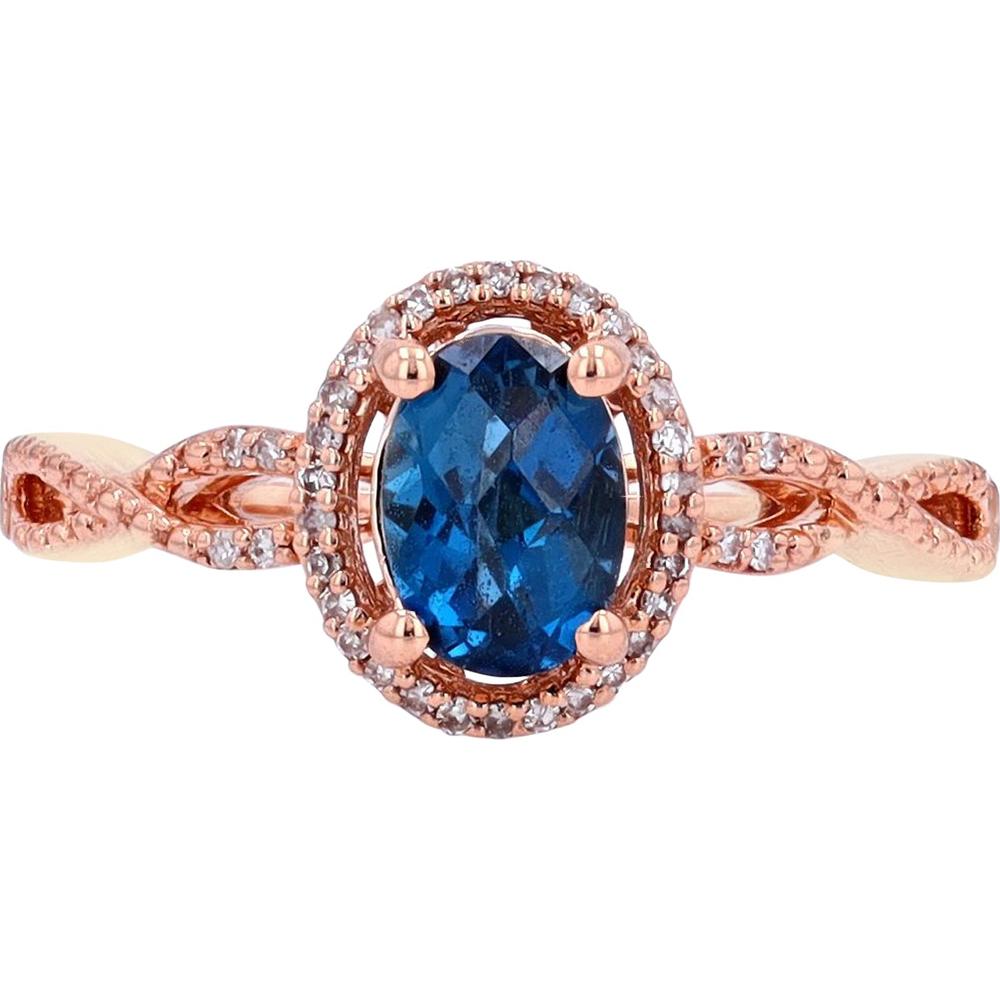 14K Rose Gold Gemstone Ring with London Blue Topaz and Diamond Halo - 0.10 Carat Total Diamond Weight