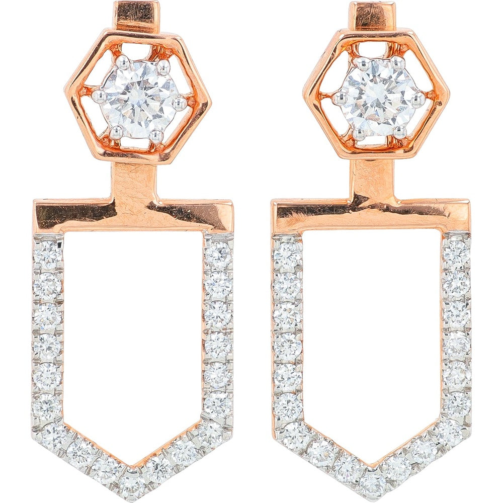 14K Rose Gold Geometric Drop Earrings with Hexagonal Halo and Round Lab Grown Diamonds - 0.75 Carat Total Diamond Weight