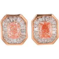 14K Rose Gold Geometric Halo Stud Earrings with Cushion Cut Pink Lab-Grown Diamonds and Tapered Baguette Accents - 3.50 Carat Total Diamond Weight