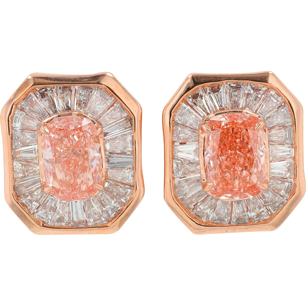 14K Rose Gold Geometric Halo Stud Earrings with Cushion Cut Pink Lab-Grown Diamonds and Tapered Baguette Accents - 3.50 Carat Total Diamond Weight