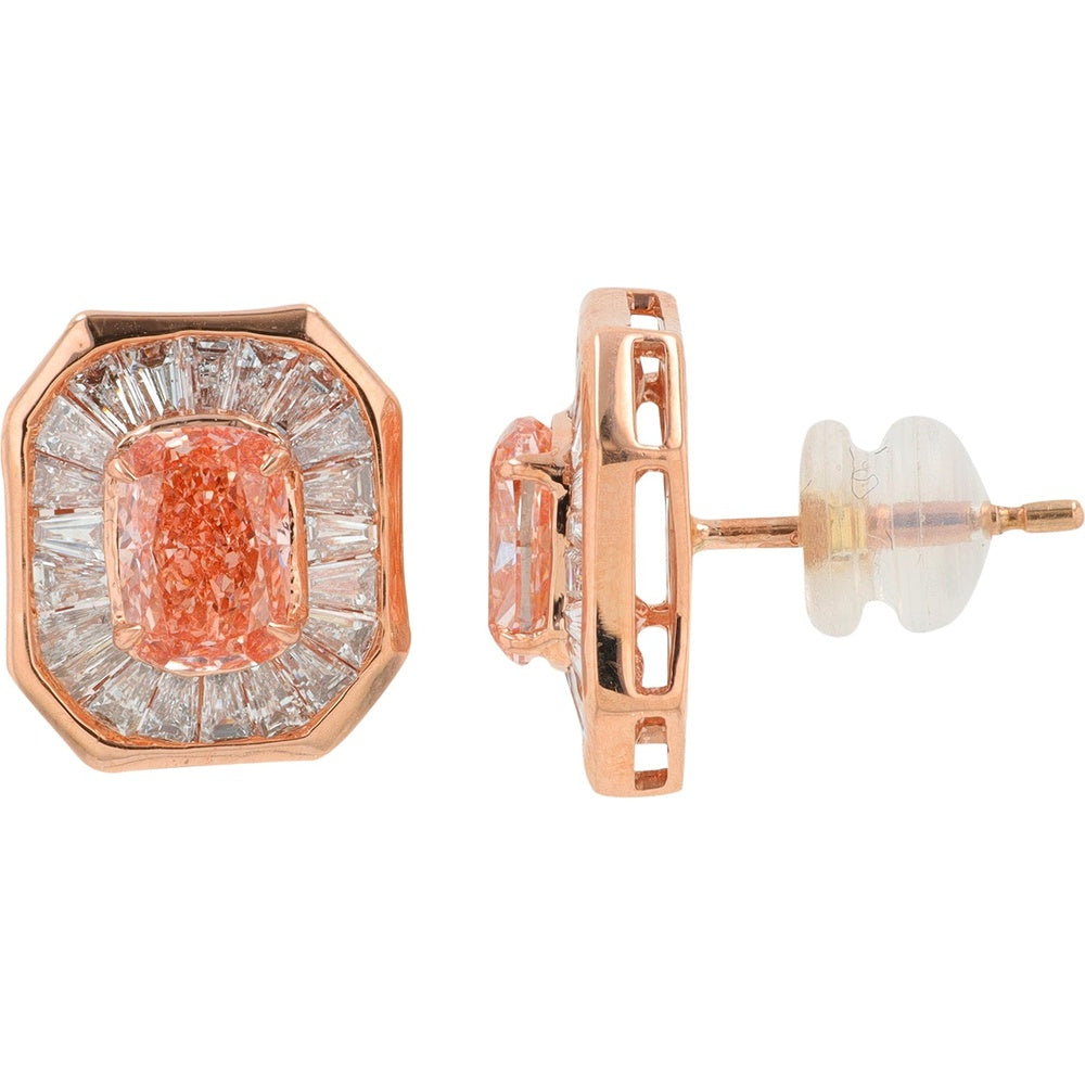 14K Rose Gold Geometric Halo Stud Earrings with Cushion Cut Pink Lab-Grown Diamonds and Tapered Baguette Accents - 3.50 Carat Total Diamond Weight