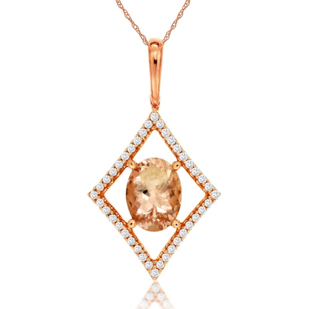 14K Rose Gold Geometric Pendant with Oval Morganite and Diamond Halo - 1.15 Carat Total Gem Weight - Royal Jewelry