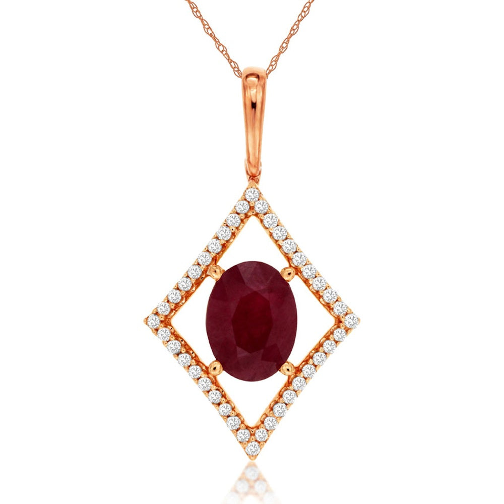 14K Rose Gold Geometric Pendant with Oval Ruby and Diamond Halo - 1.23 Carat Ruby and 0.15 Carat Total Diamond Weight - Royal Jewelry