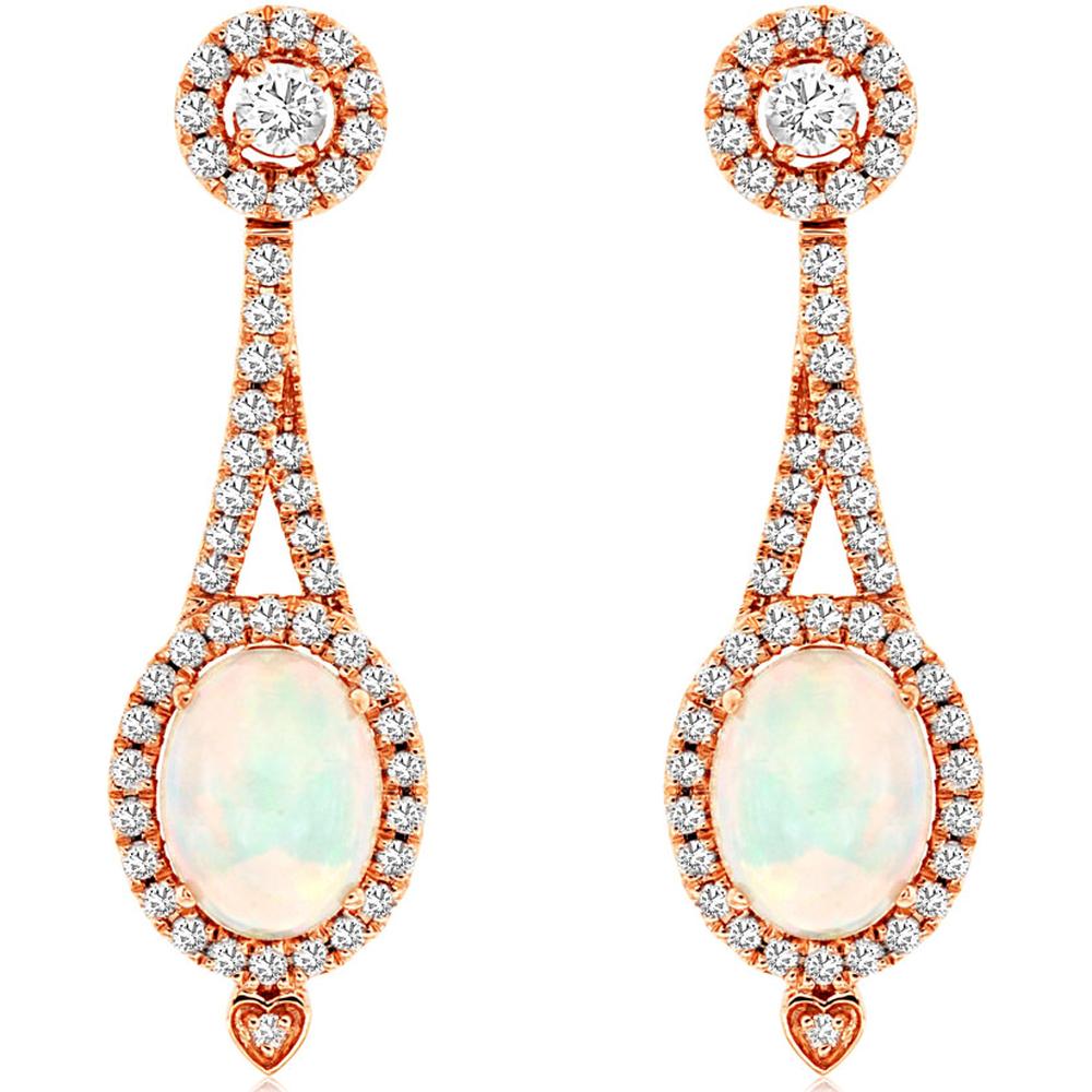 14K Rose Gold Halo Drop Earrings with Oval Opal and Round Diamonds - 1.80 Carat Total Opal Weight, 0.63 Carat Total Diamond Weight - Royal Jewelry