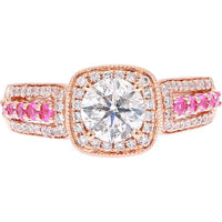 14K Rose Gold Halo Engagement Ring with Round Diamond and Pink Sapphire Accents - 1.00 Carat Total Diamond Weight