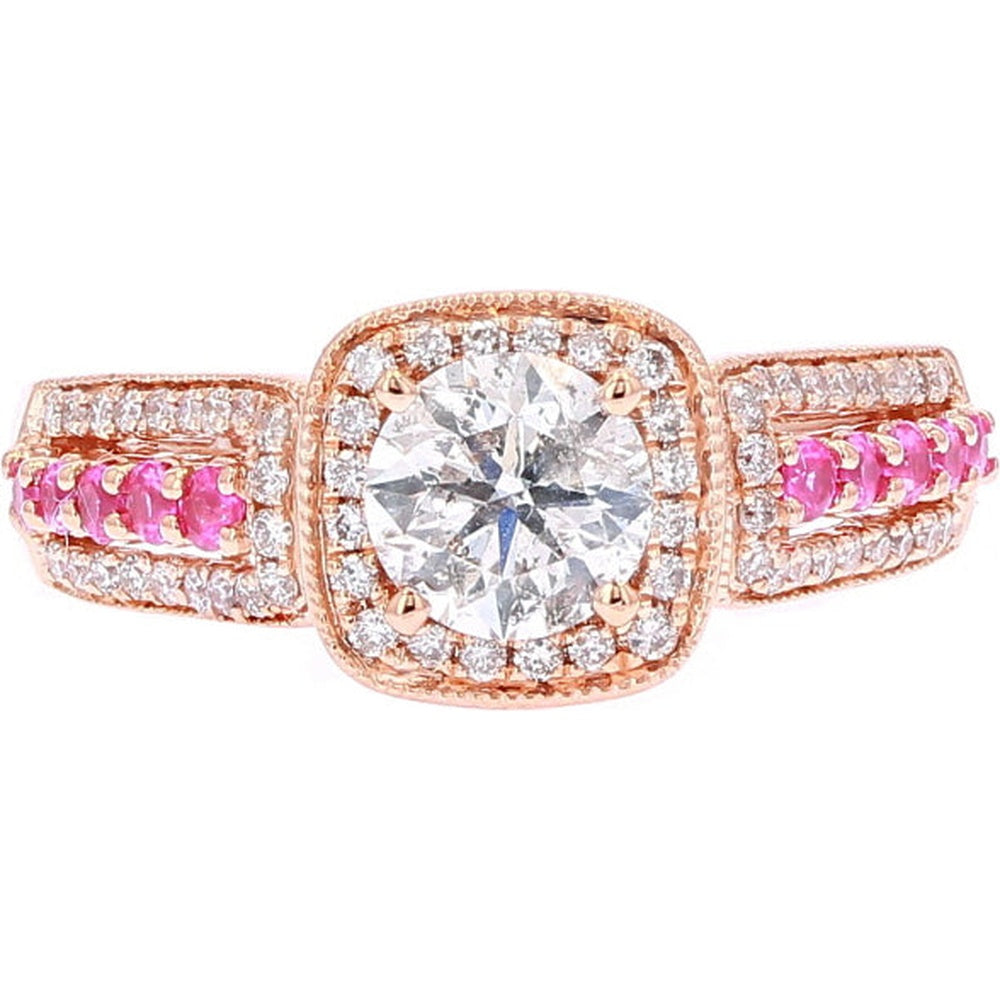 14K Rose Gold Halo Engagement Ring with Round Diamond and Pink Sapphire Accents - 1.00 Carat Total Diamond Weight