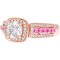 14K Rose Gold Halo Engagement Ring with Round Diamond and Pink Sapphire Accents - 1.00 Carat Total Diamond Weight