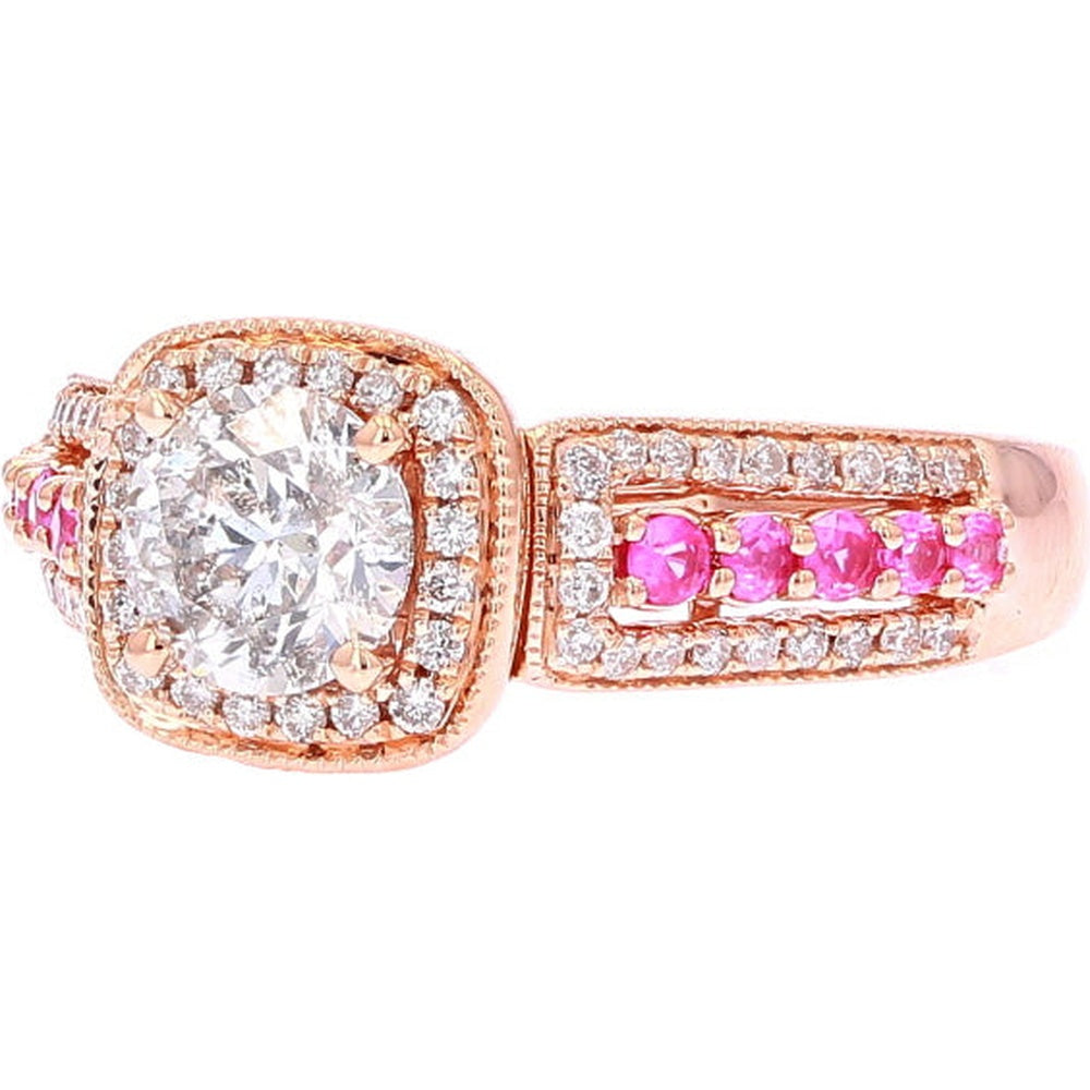 14K Rose Gold Halo Engagement Ring with Round Diamond and Pink Sapphire Accents - 1.00 Carat Total Diamond Weight