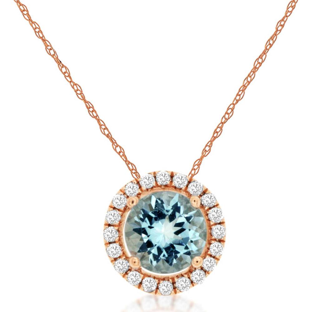 14K Rose Gold Halo Pendant Necklace with 0.44 Carat Round Aquamarine and 0.08 Carat Diamonds - Royal Jewelry