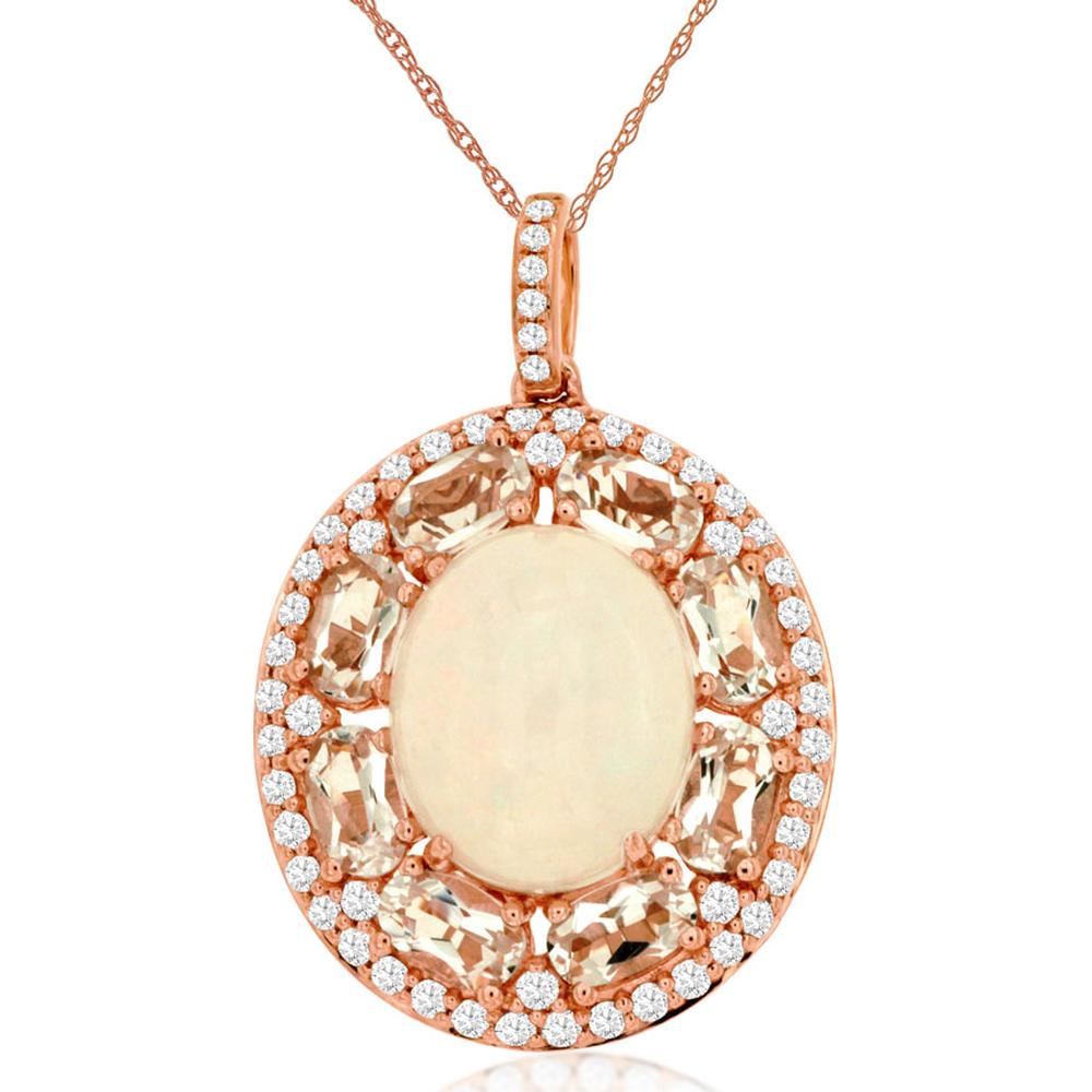 14K Rose Gold Halo Pendant Necklace with 3.00 Carat Oval Opal and 0.50 Carat Round Diamonds - Royal Jewelry