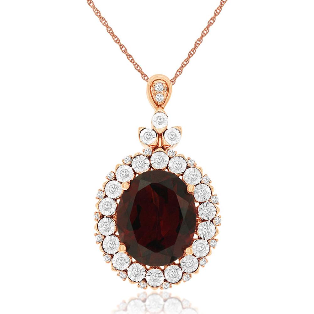 14K Rose Gold Halo Pendant Necklace with 5.50 Carat Oval Garnet and 0.25 Carat Round Diamonds - Royal Jewelry