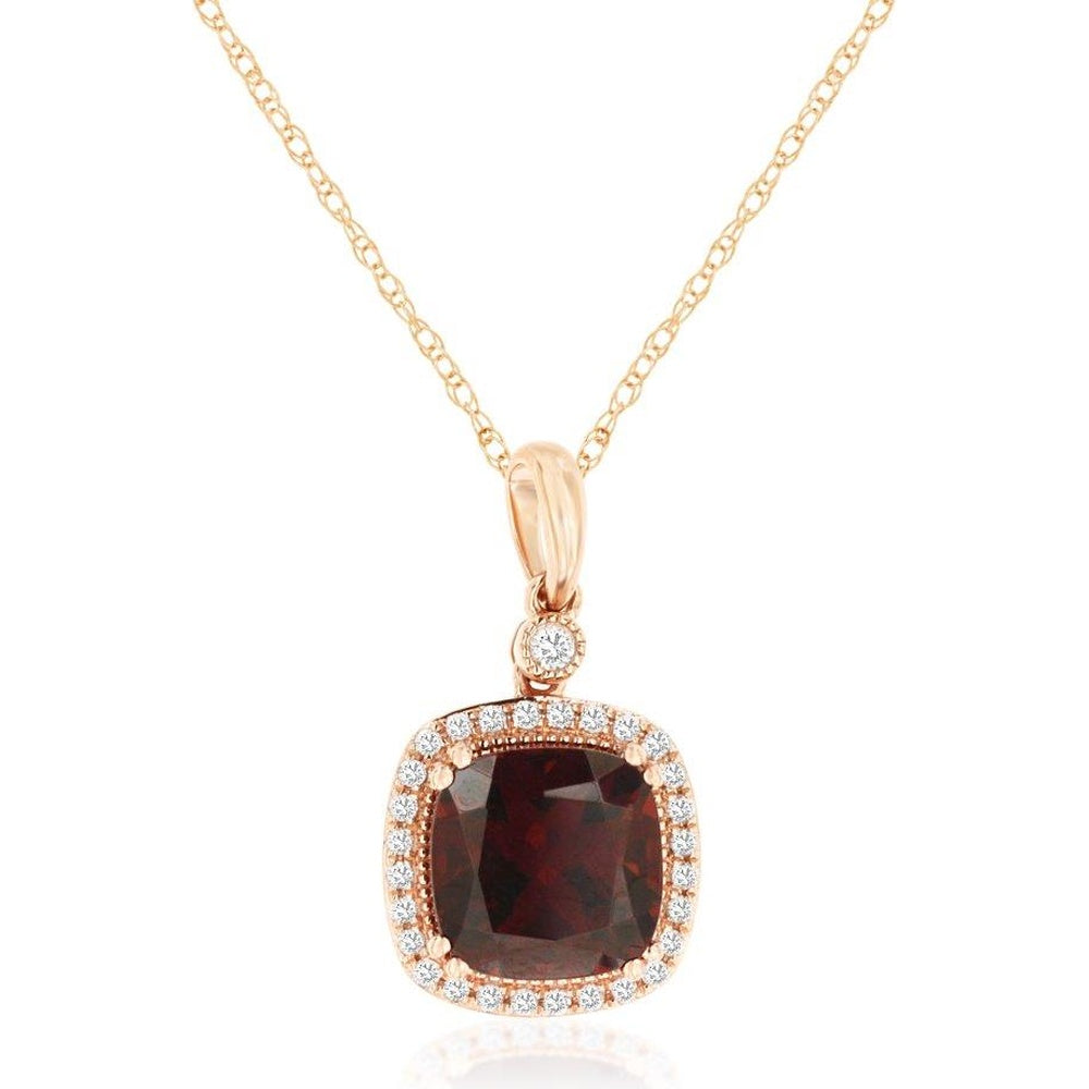 14K Rose Gold Halo Pendant Necklace with Cushion-Cut Garnet and Round Diamonds - 2.75 Carat Garnet and 0.18 Carat Total Diamond Weight - Royal Jewelry