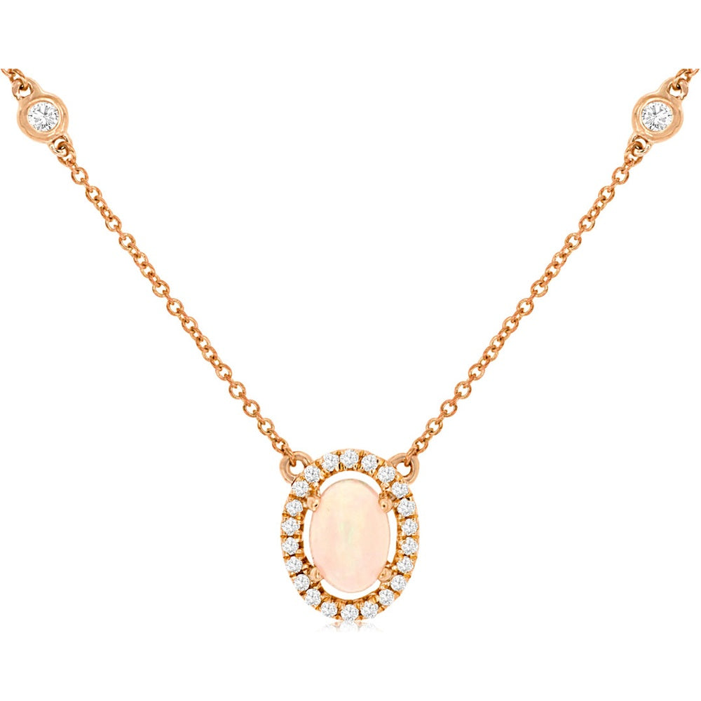 14K Rose Gold Halo Pendant Necklace with Oval Cabochon Opal and Round Diamond Accents - 0.50 Carat Opal and 0.27 Carat Total Diamond Weight - Royal Jewelry