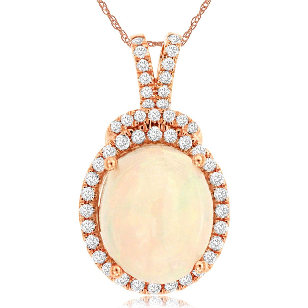 14K Rose Gold Halo Pendant Necklace with Oval Cabochon Opal and Round Diamond Accents - 3.00 Carat Opal and 0.37 Carat Total Diamond Weight - Royal Jewelry