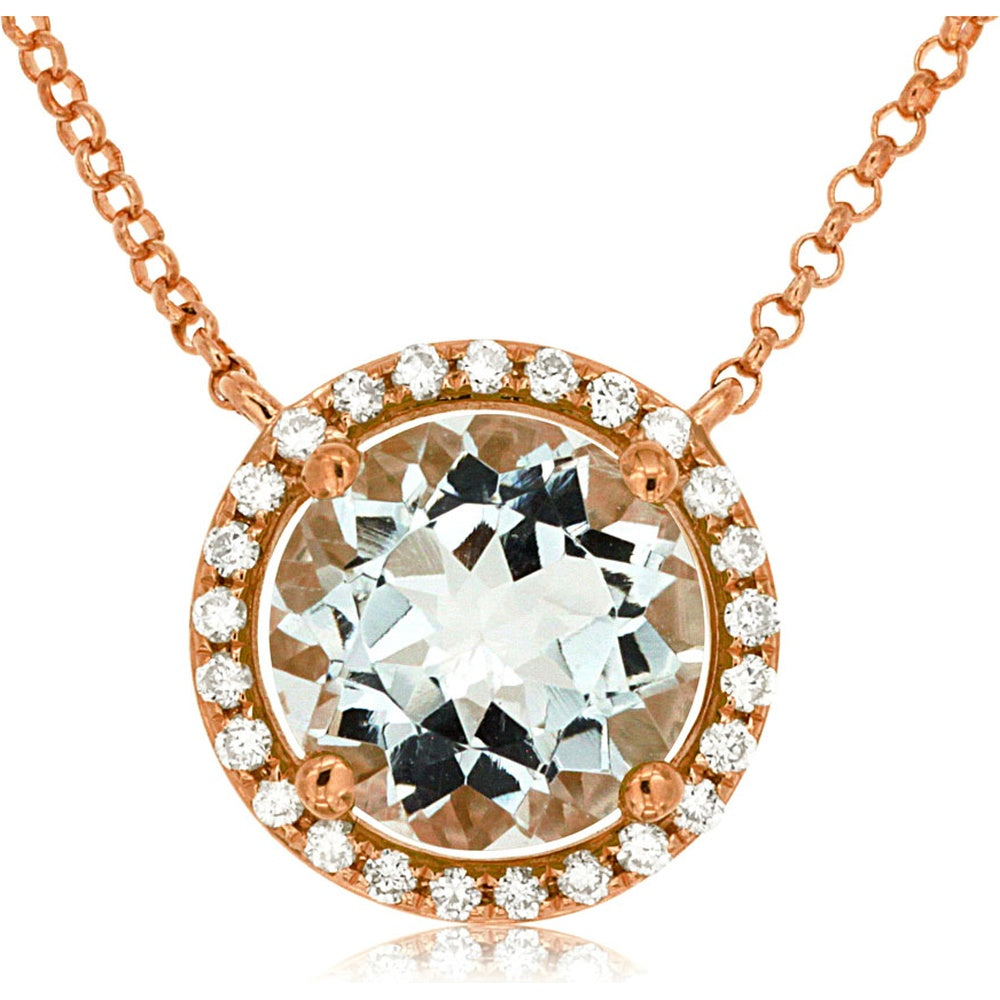 14K Rose Gold Halo Pendant Necklace with Round Aquamarine and Bead-Set Diamonds - 1.70 Carat Aquamarine and 0.14 Carat Total Diamond Weight - Royal Jewelry