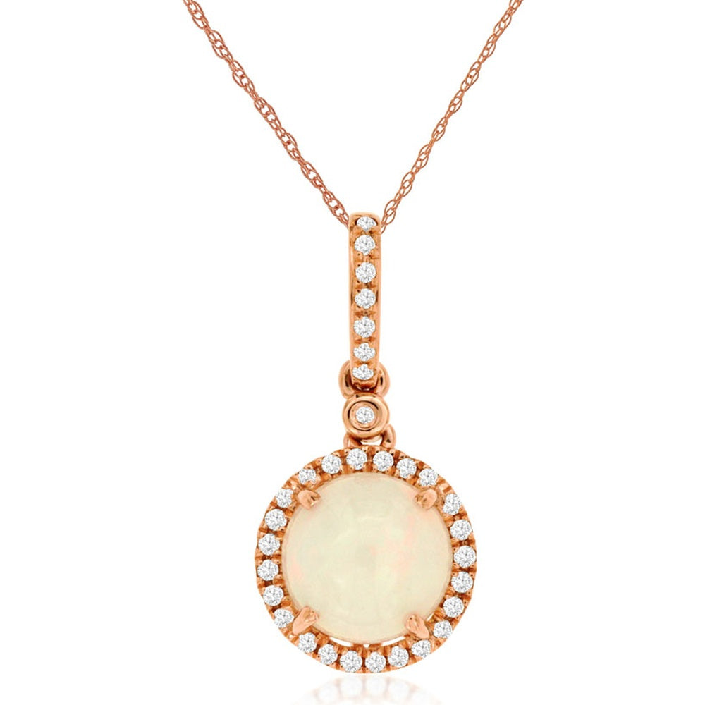 14K Rose Gold Halo Pendant Necklace with Round Cabochon Opal and Diamond Accents - 1.20 Carat Opal and 0.12 Carat Total Diamond Weight - Royal Jewelry