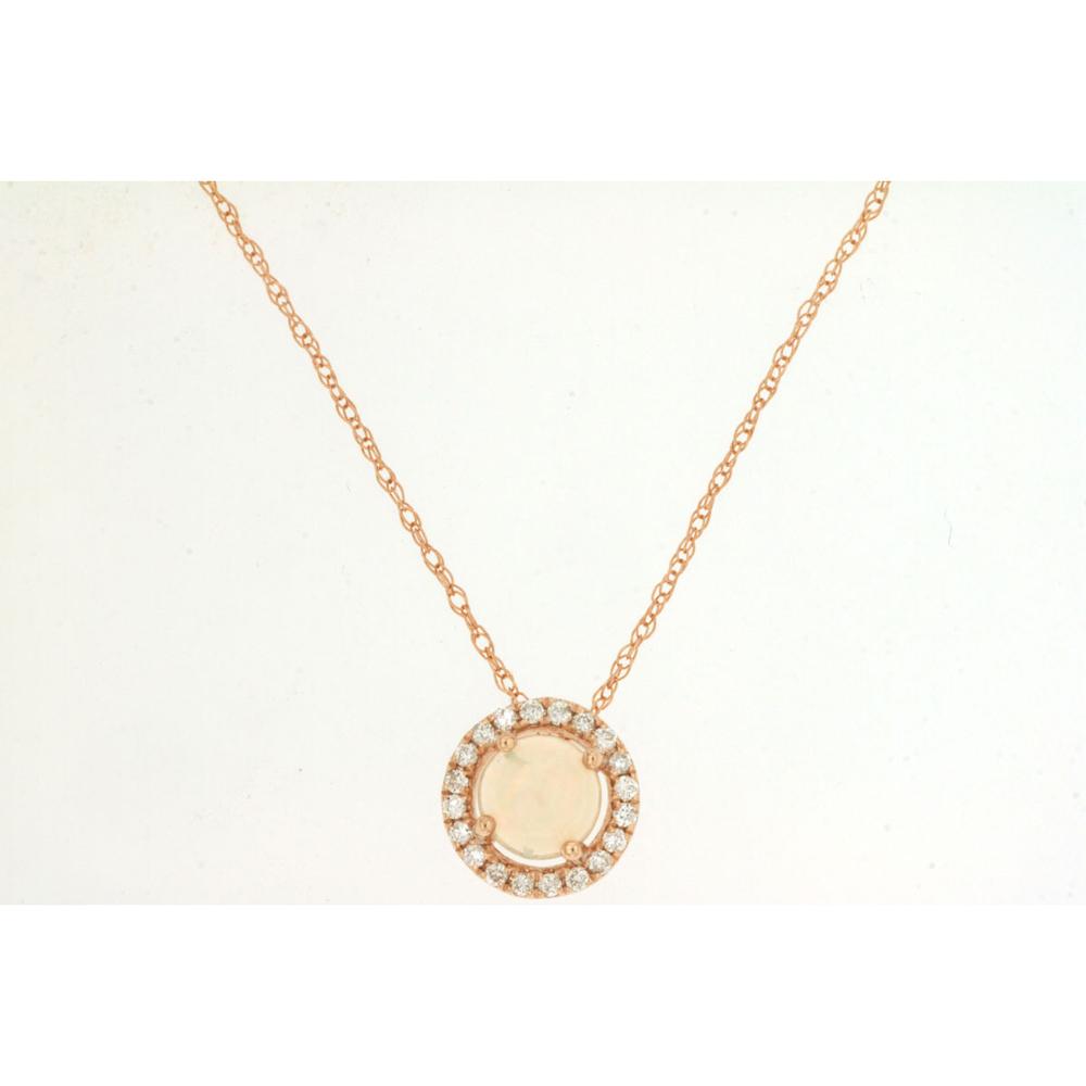 14K Rose Gold Halo Pendant Necklace with Round Opal and 0.08cttw Diamond Accents - 0.30 Carat Total Opal Weight - Royal Jewelry