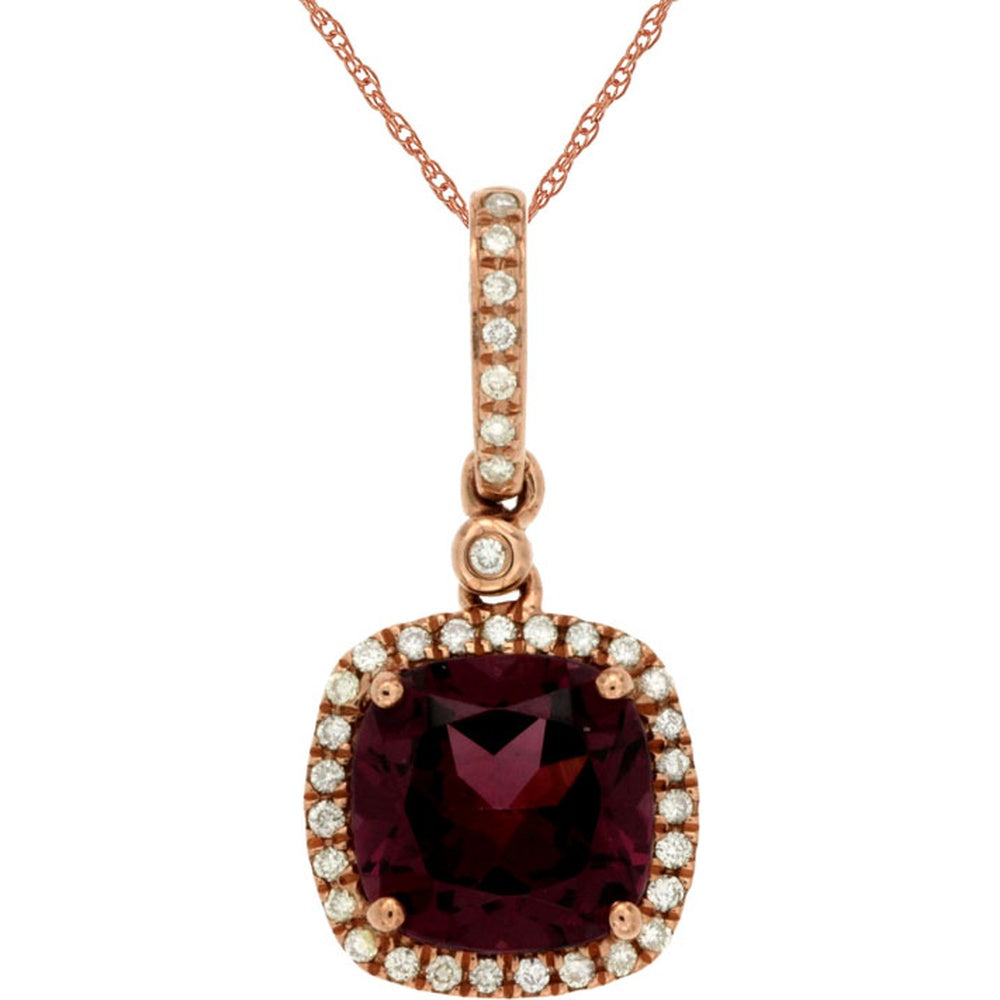 14K Rose Gold Halo Pendant with 2.60 Carat Cushion-Cut Rhodolite and 0.14 Carat Round Diamond Accents - Royal Jewelry