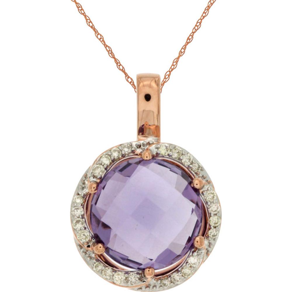 14K Rose Gold Halo Pendant with 4.30 Carat Round Checkerboard Cut Amethyst and 0.15 Carat Round Diamond Accents - Royal Jewelry