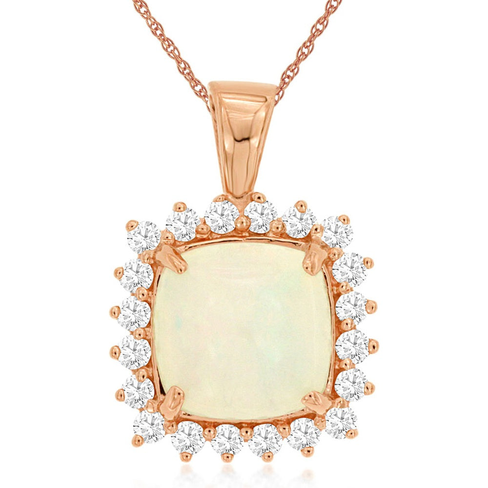 14K Rose Gold Halo Pendant with Cushion Cut Opal and Prong Set Round Diamonds - 2.60 Carat Opal and 0.45 Carat Total Diamond Weight - Royal Jewelry