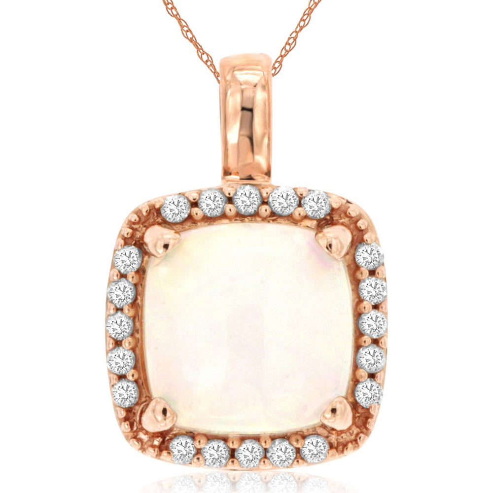 14K Rose Gold Halo Pendant with Cushion-Cut Opal and Round Diamond Accents - 1.40 Carat Opal and 0.13 Carat Total Diamond Weight - Royal Jewelry