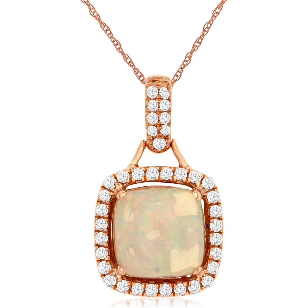 14K Rose Gold Halo Pendant with Cushion-Cut Opal and Round Diamonds - 1.40 Carat Opal and 0.24 Carat Total Diamond Weight - Royal Jewelry