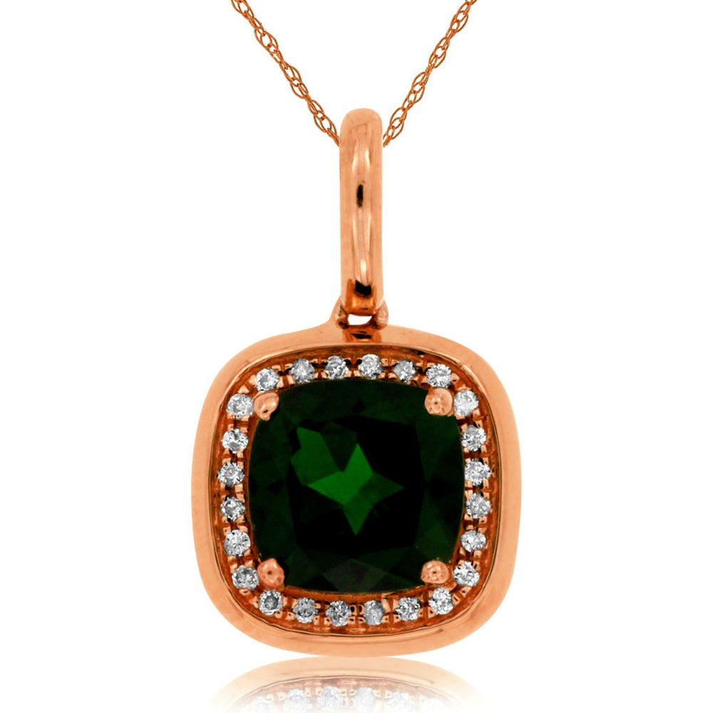 14K Rose Gold Halo Pendant with Cushion Cut Russalite and Round Diamonds - 1.40 Carat Russalite and 0.08 Carat Total Diamond Weight - Royal Jewelry