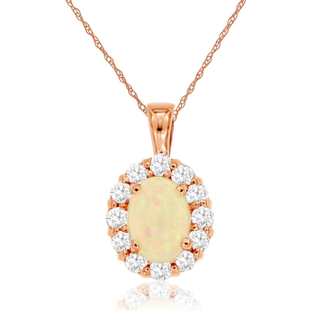 14K Rose Gold Halo Pendant with Oval Opal and Round Diamond Accents - 0.50 Carat Opal and 0.30 Carat Total Diamond Weight - Royal Jewelry