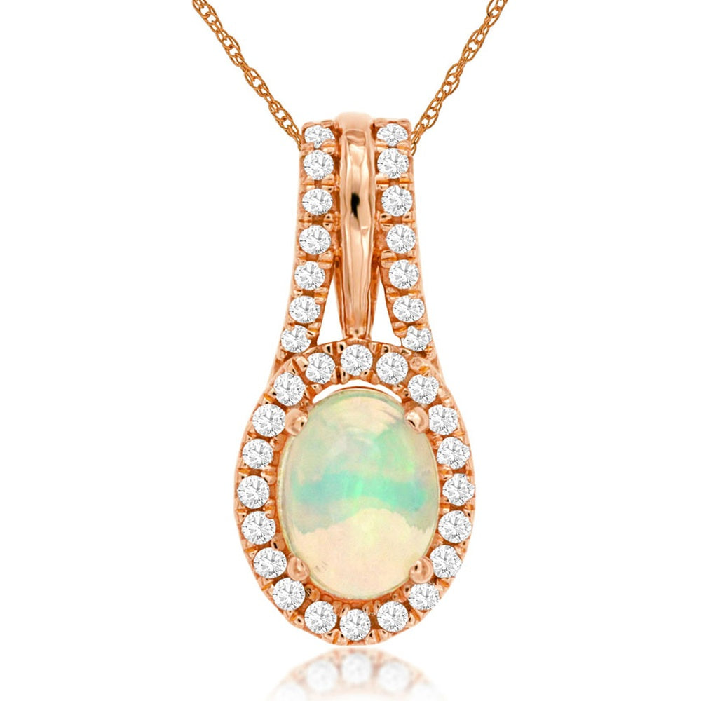 14K Rose Gold Halo Pendant with Oval Opal and Round Diamonds - 0.90 Carat Opal and 0.24 Carat Total Diamond Weight - Royal Jewelry