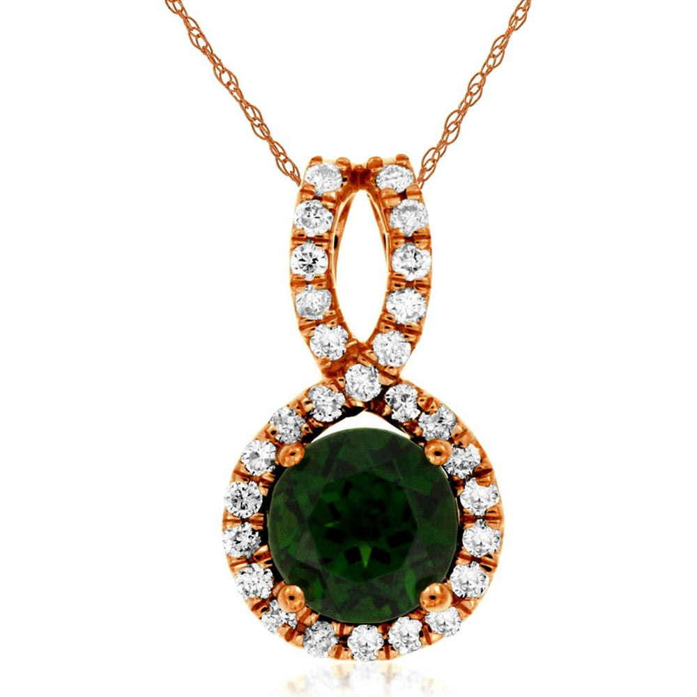14K Rose Gold Halo Pendant with Round Russalite and 0.20 Carat Total Diamond Accents - 1.00 Carat Center Gemstone - Royal Jewelry