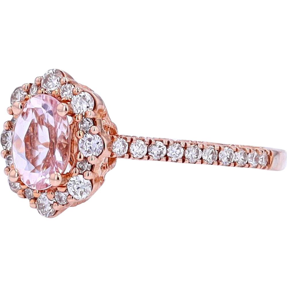 14K Rose Gold Halo Ring with 0.70 Carat Morganite Center and 0.50 Carat Diamond Accents