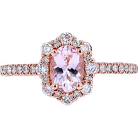 14K Rose Gold Halo Ring with 0.70 Carat Morganite Center and 0.50 Carat Diamond Accents