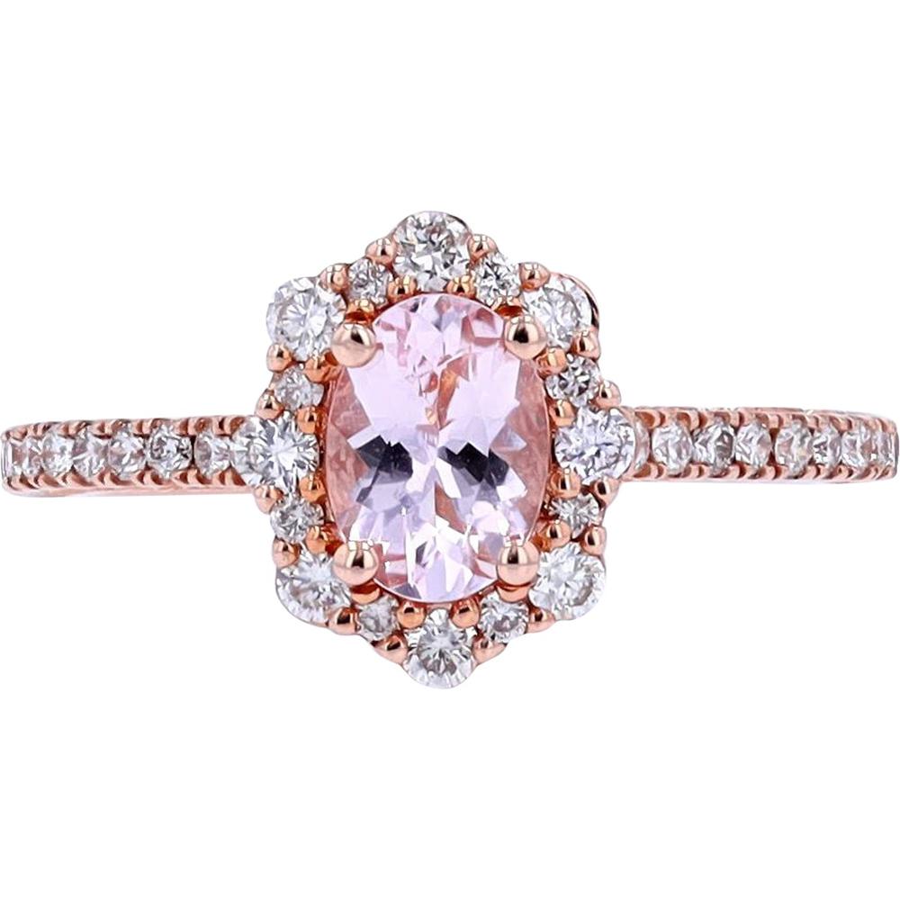 14K Rose Gold Halo Ring with 0.70 Carat Morganite Center and 0.50 Carat Diamond Accents
