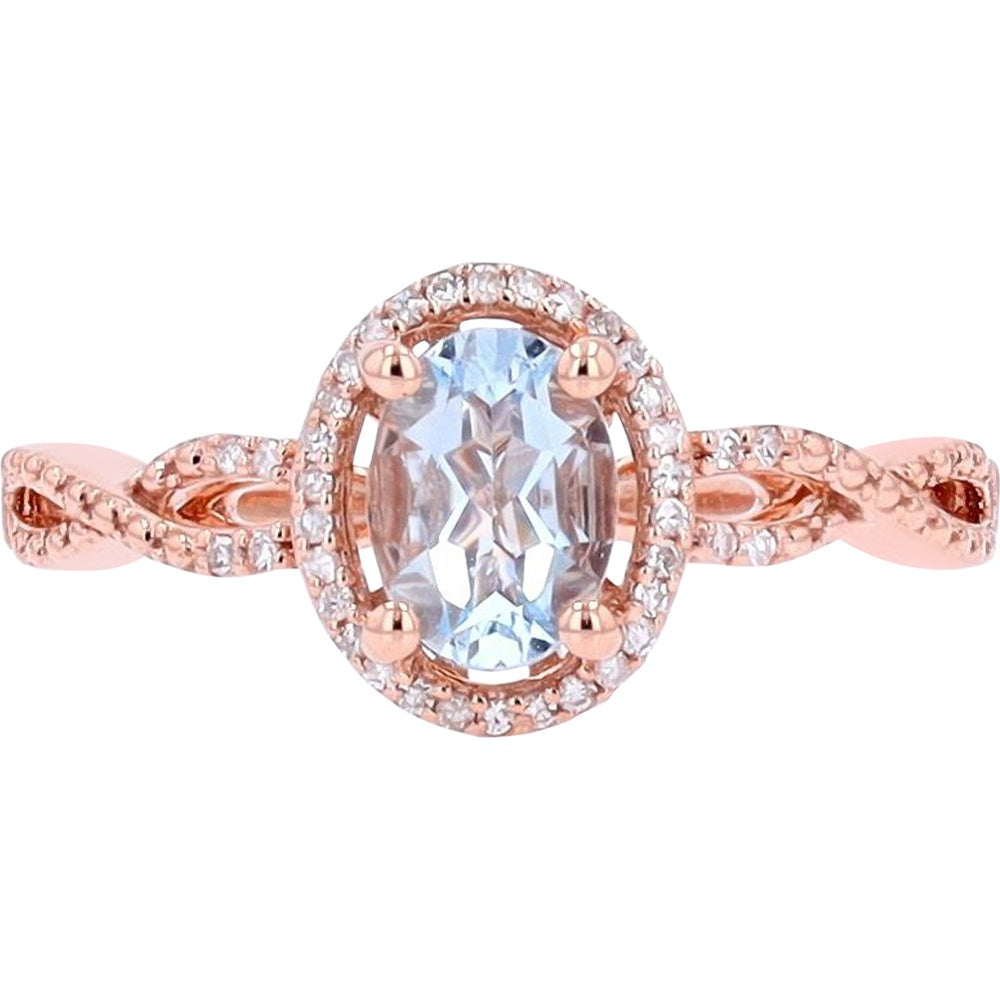 14K Rose Gold Halo Ring with 0.75 Carat Oval Aquamarine and 0.10 Carat Round Diamonds