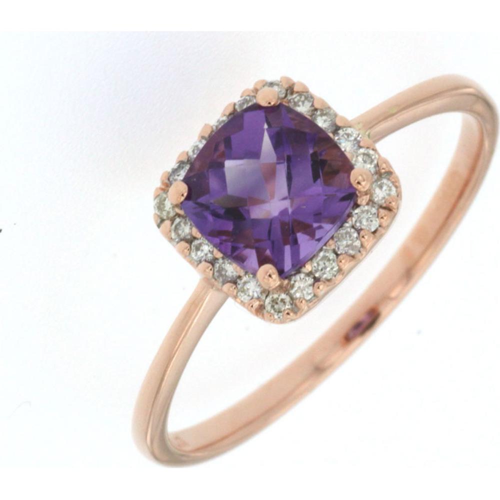 14K Rose Gold Halo Ring with 0.95 Carat Cushion Cut Amethyst and 0.11 Carat Round Diamond Accents - Royal Jewelry