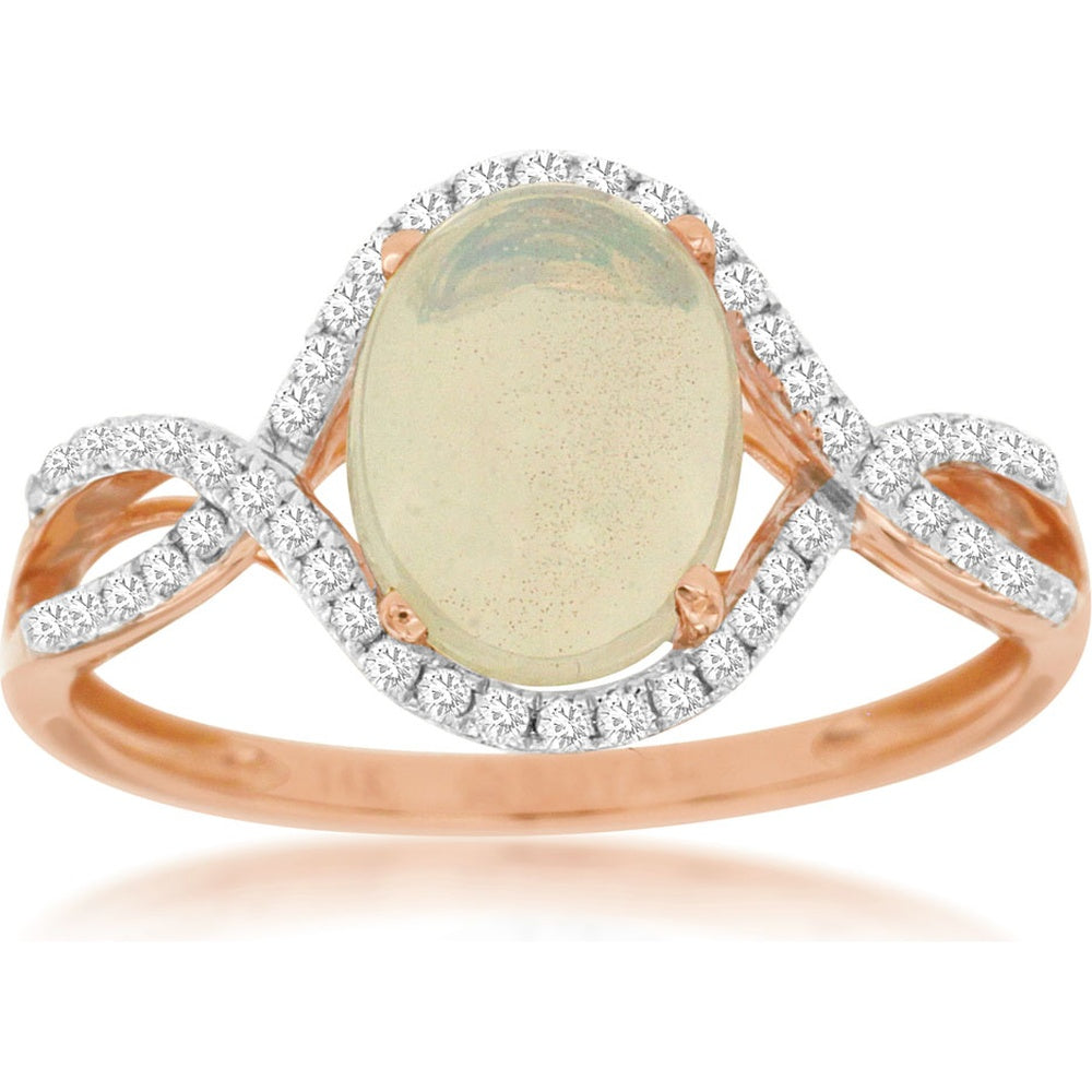 14K Rose Gold Halo Ring with 1.10 Carat Oval Opal and 0.22 Carat Round Diamond Accents - Two-Tone Infinity Band - Royal Jewelry