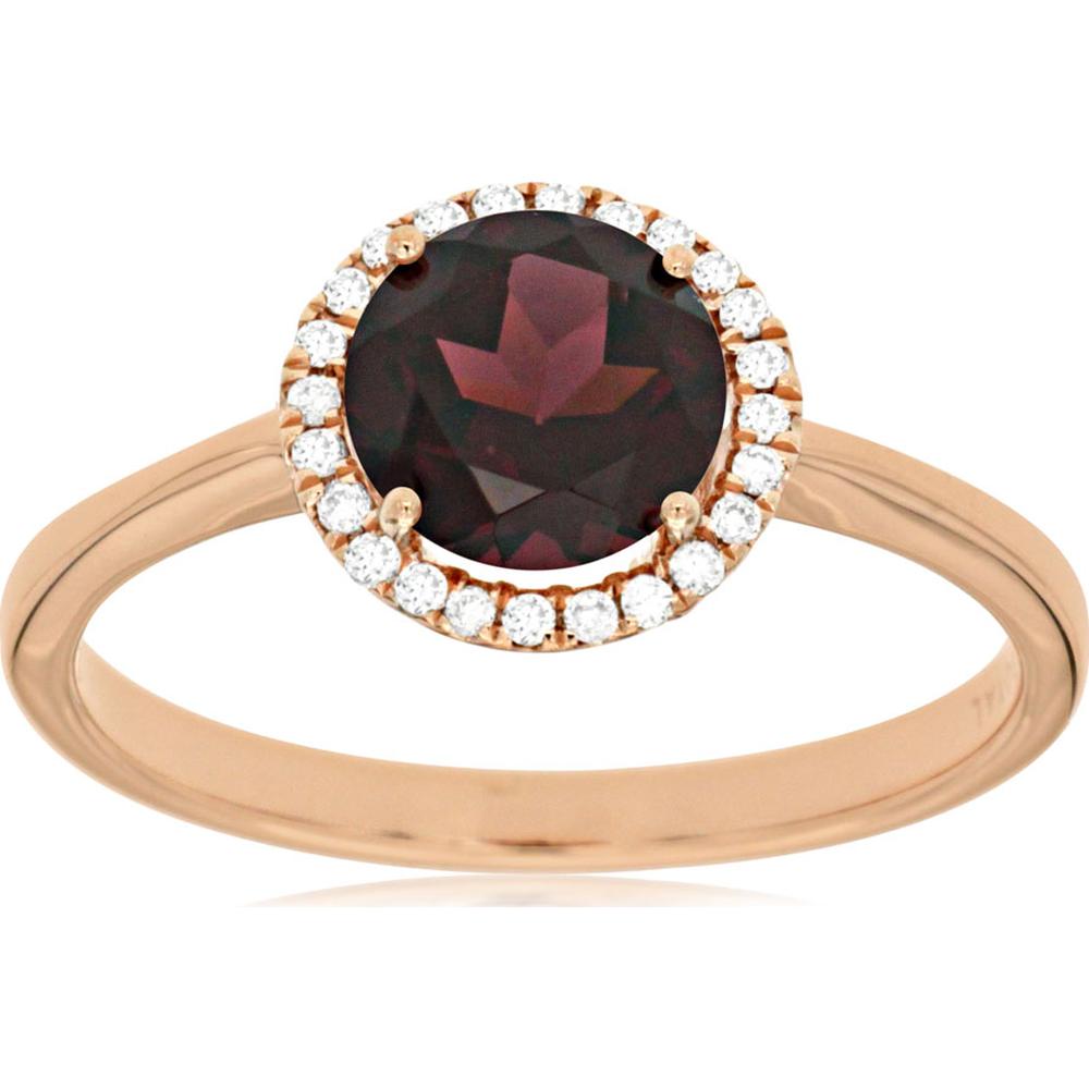 14K Rose Gold Halo Ring with 1.55 Carat Round Rhodolite Garnet and 0.10 Carat Round Diamonds - Royal Jewelry
