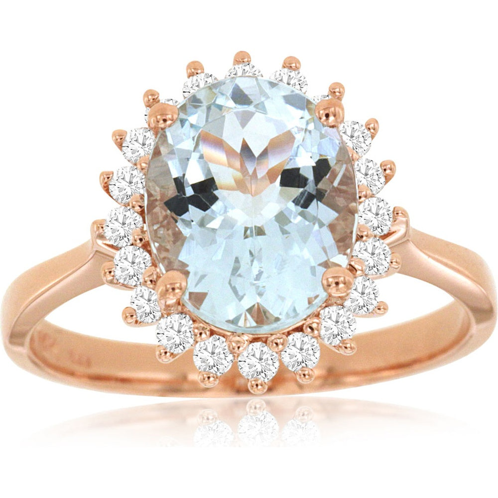 14K Rose Gold Halo Ring with 2.00 Carat Oval Aquamarine and 0.36 Carat Round Diamond Accents - Royal Jewelry