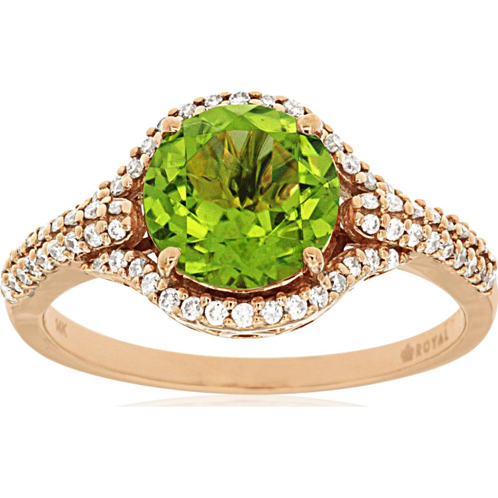 14K Rose Gold Halo Ring with 2.00 Carat Round Peridot and 0.28 Carat Round Diamonds - Royal Jewelry