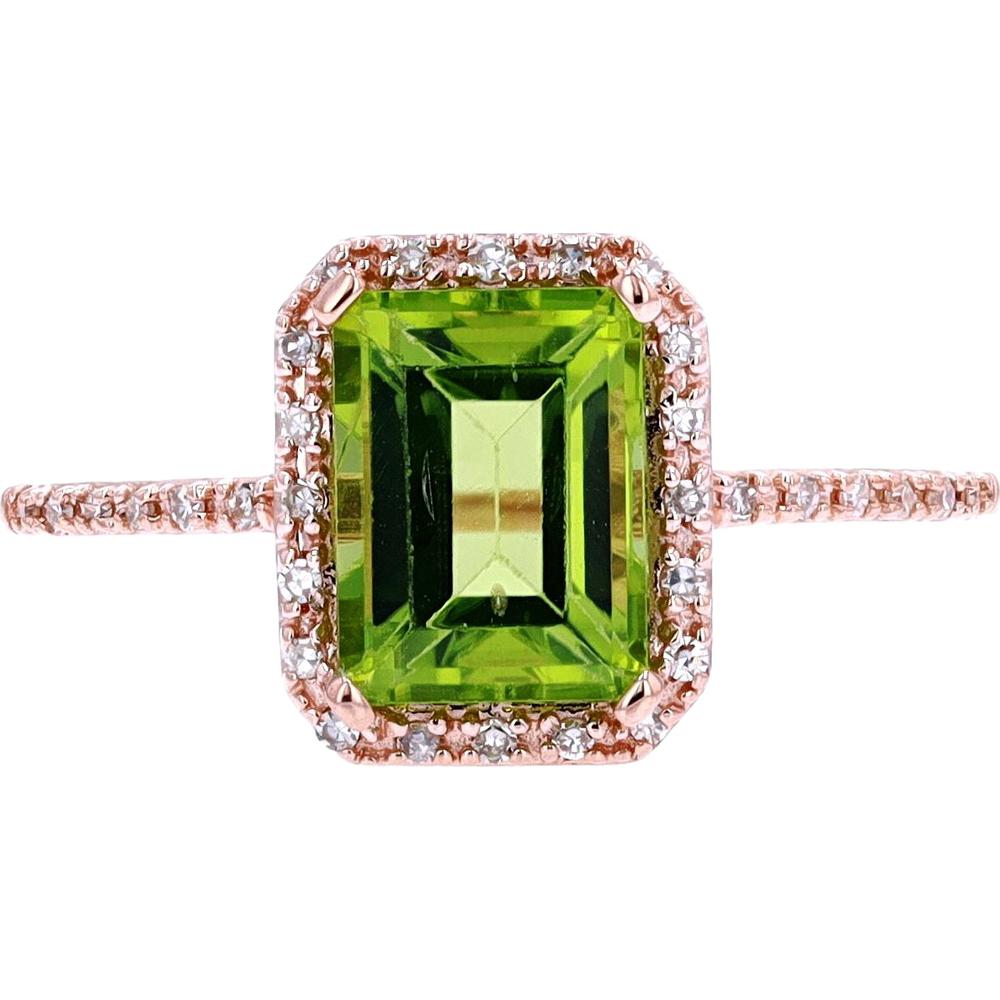 14K Rose Gold Halo Ring with 2.50 Carats Emerald-Cut Peridot and 0.10 Carats Diamond Accents