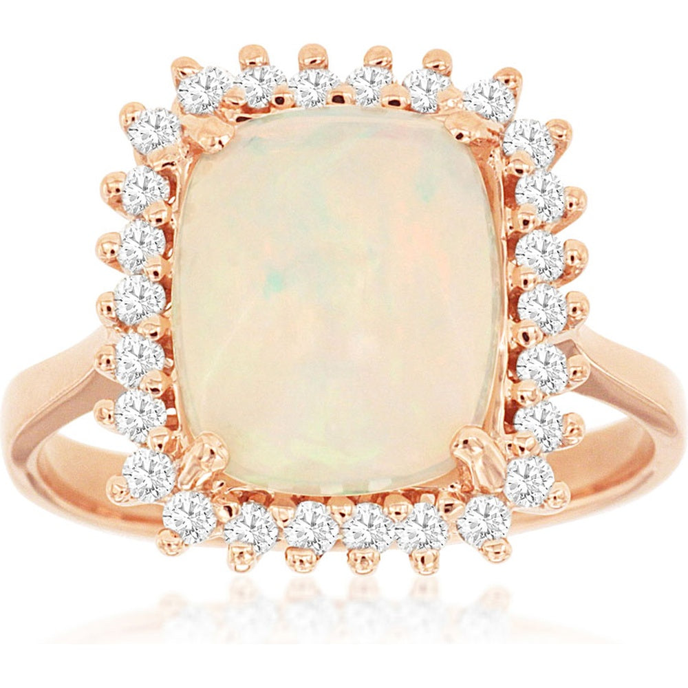 14K Rose Gold Halo Ring with 2.85 Carat Cushion-Cut Opal and 0.40 Carat Round Diamond Accents - Royal Jewelry