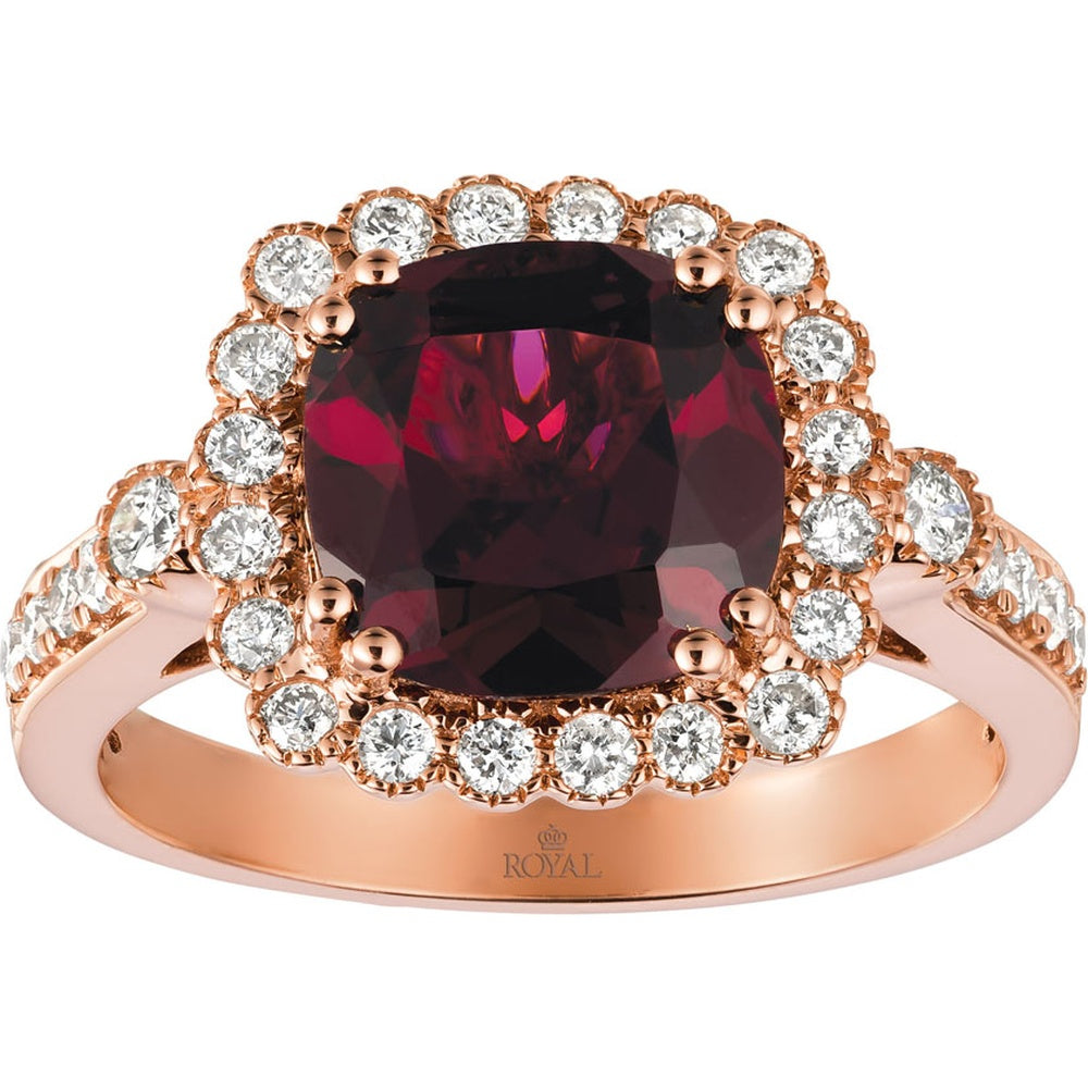 14K Rose Gold Halo Ring with 3.70 Carat Cushion-Cut Rhodolite and 0.50 Carat Round Diamond Accents - Royal Jewelry