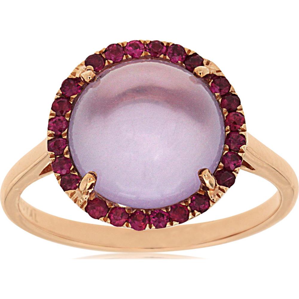 14K Rose Gold Halo Ring with 3.80 Carat Round Cabochon Amethyst and 0.33 Carat Round Rubies - Royal Jewelry