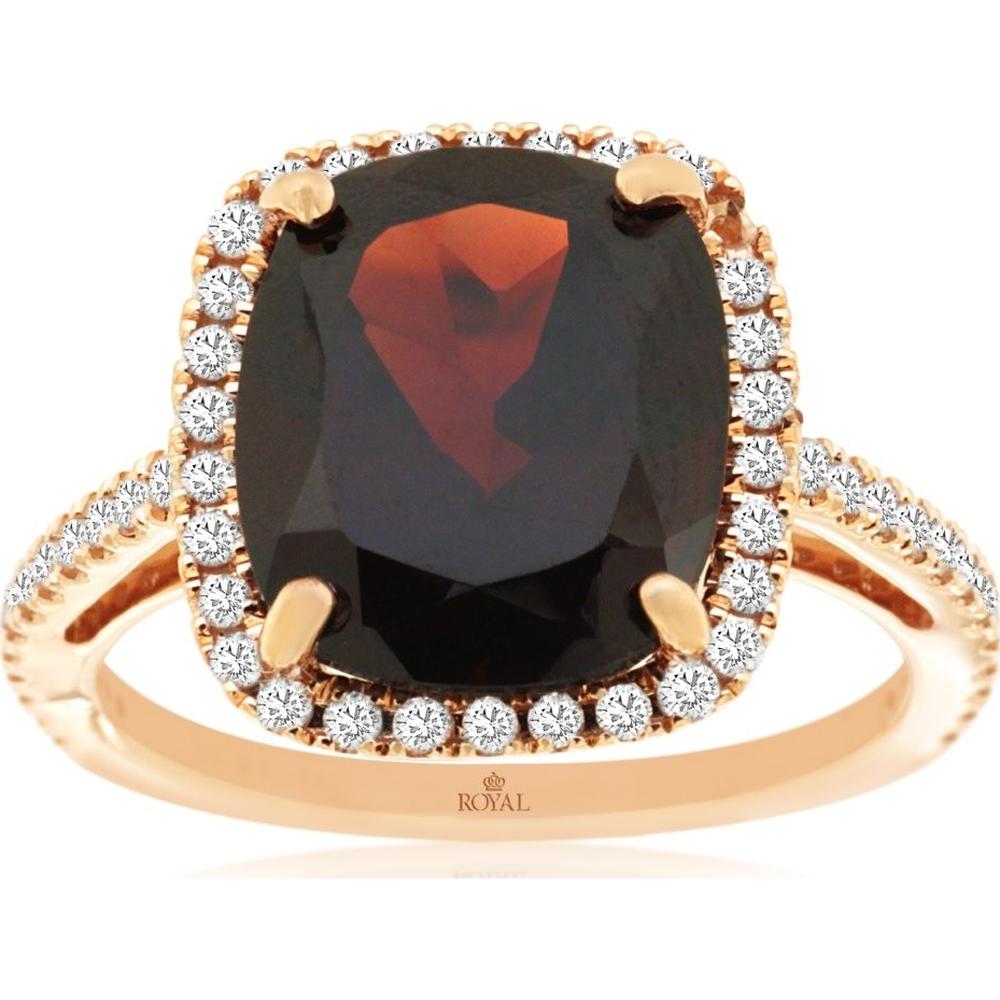 14K Rose Gold Halo Ring with 4.65 Carat Cushion Cut Garnet and 0.20 Carat Round Diamond Accents - Royal Jewelry